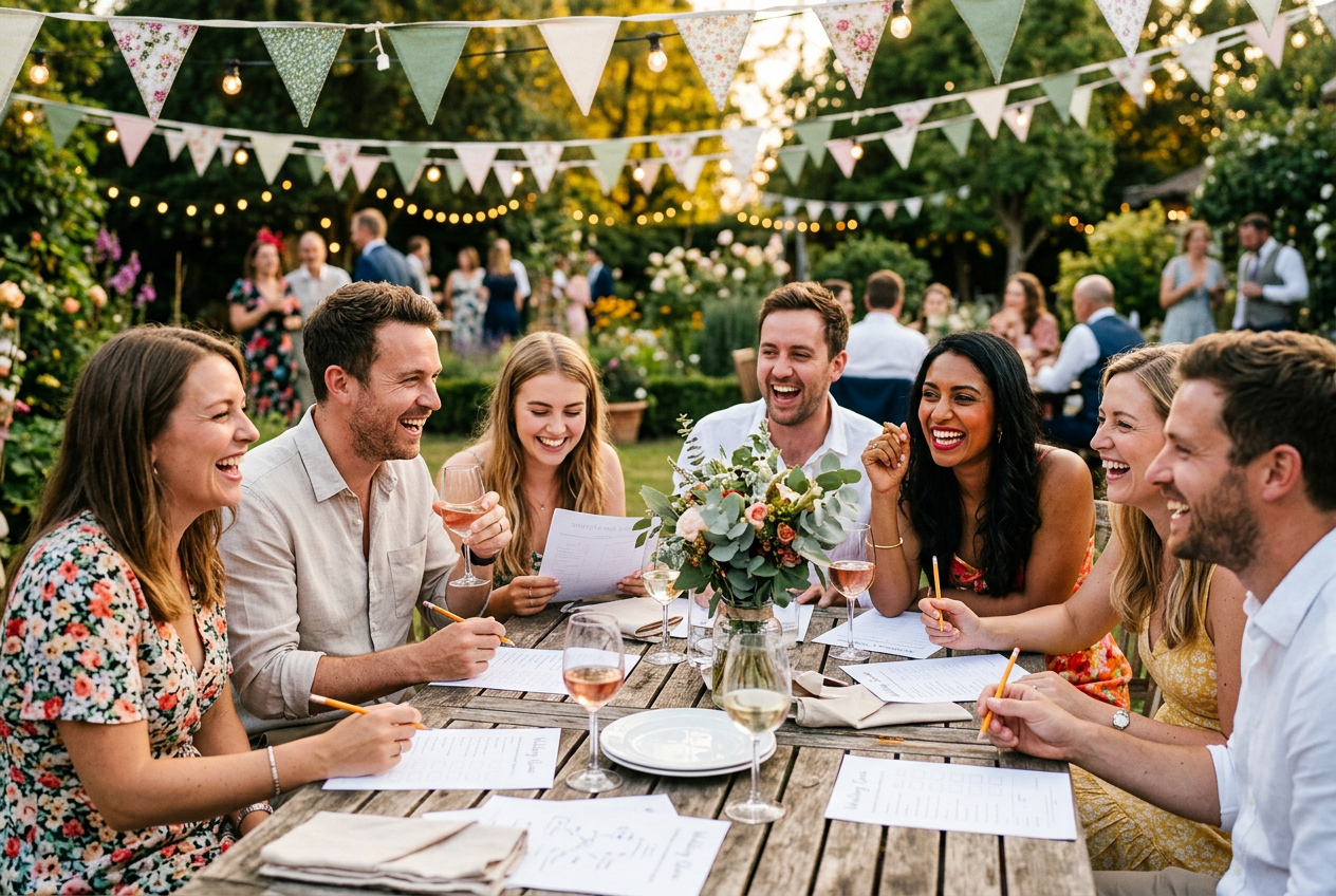 Des amis rient autour d’une table de jardin, des feuilles de jeu devant eux, sous des fanions et des guirlandes lumineuses