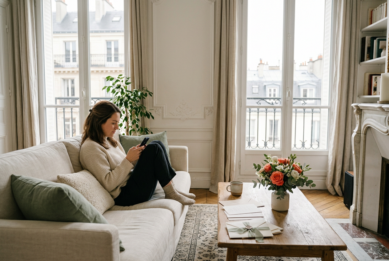Une femme assise en chaussettes sur un canapé dans un salon parisien, son téléphone en main, des faire-part et un bouquet de roses sur la table basse