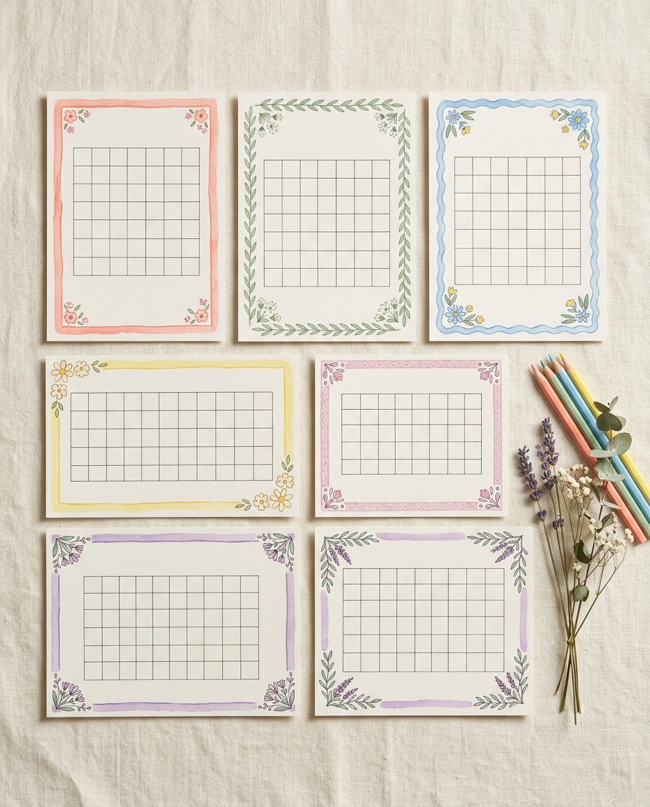 Des feuilles de jeux imprimées, une par page, posées sur du lin crème avec des crayons de couleur et un brin de fleurs séchées