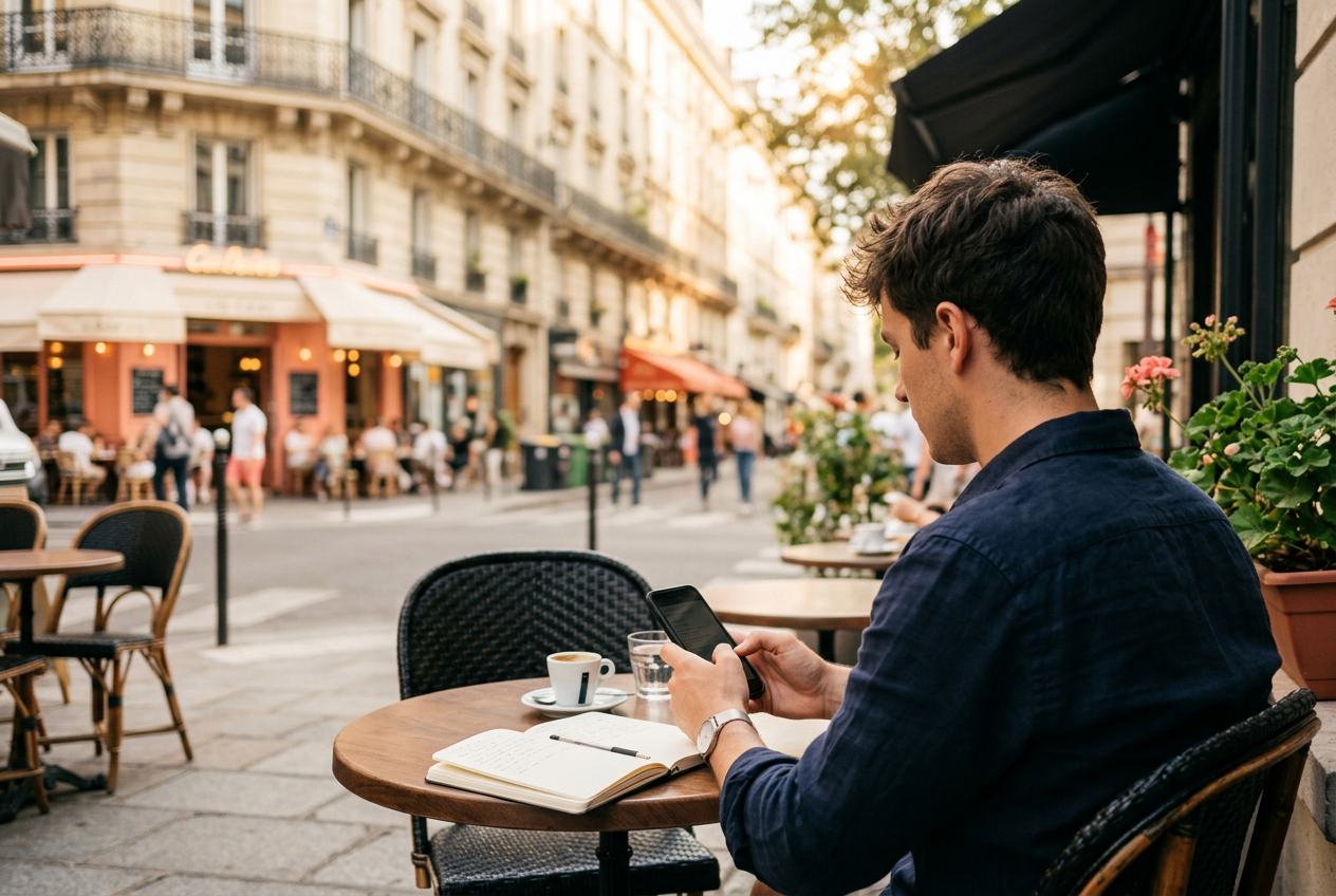 Un homme assis à une terrasse de café parisienne, écrivant sur son téléphone, un carnet ouvert à côté de lui